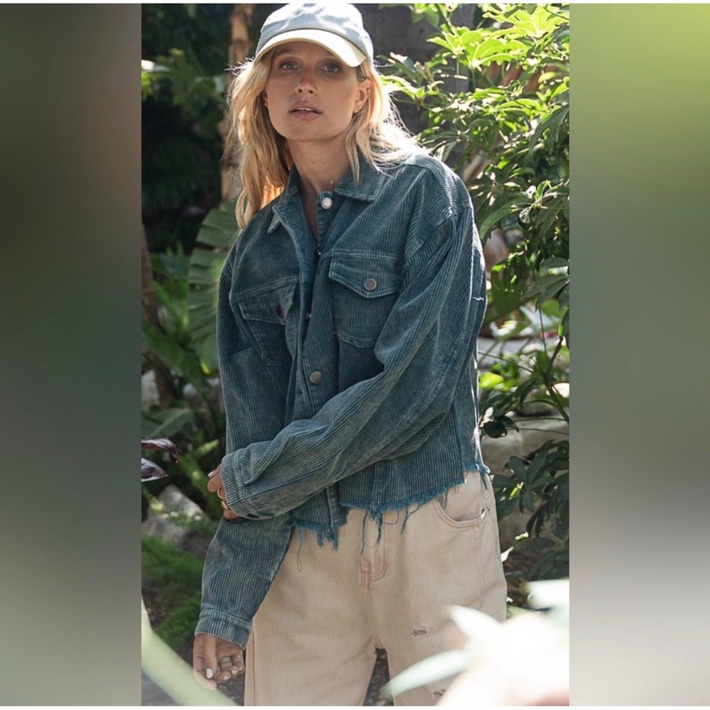 POL Womens Blue Green Corduroy Raw Hem Boho Grunge Trucker Jacket Size L